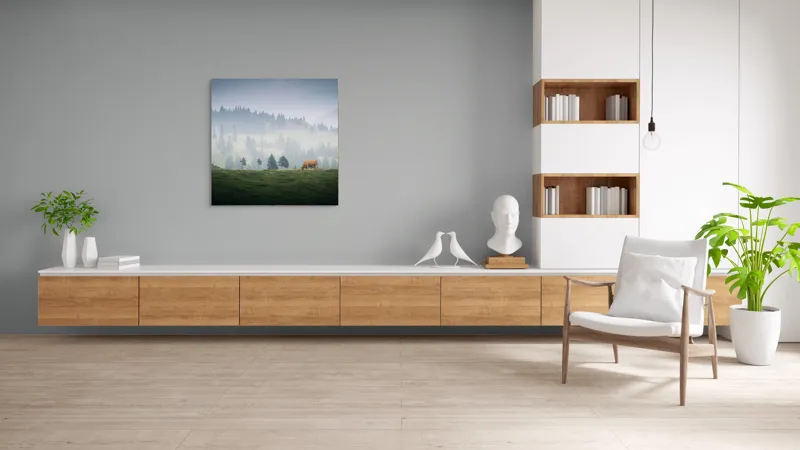 Tablou Canvas, "Văcuța solitară pe câmpul de munte", Nor, Vârfuri, Pini, Vaci, Iarbă, Lumină, Ceață, Peisaj, Tranquilitatea, Natură, 100 x 100 cm – poza 8
