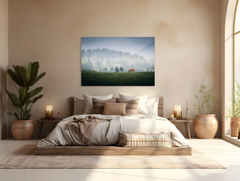 Tablou Canvas, "Văcuța solitară pe câmpul de munte", Nor, Vârfuri, Pini, Vaci, Iarbă, Lumină, Ceață, Peisaj, Tranquilitatea, Natură, 150 x 100 cm – poza 4