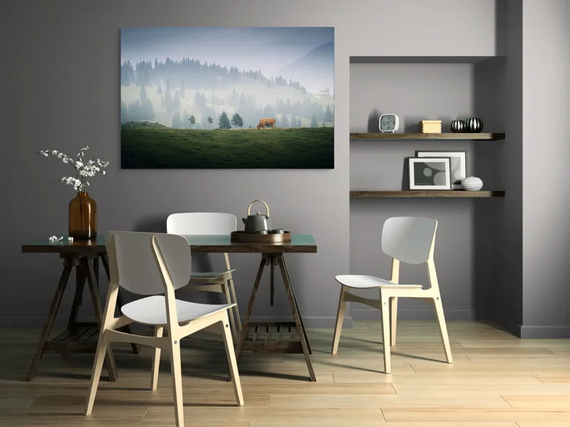 Tablou Canvas, "Văcuța solitară pe câmpul de munte", Nor, Vârfuri, Pini, Vaci, Iarbă, Lumină, Ceață, Peisaj, Tranquilitatea, Natură, 150 x 100 cm – poza 5