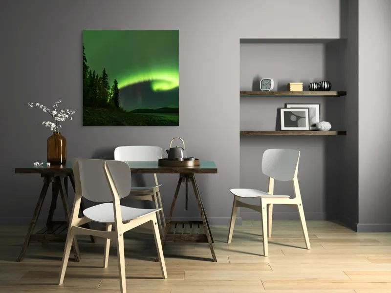 Tablou Canvas, "Aurora boreală deasupra pădurii misterioase", Luminiscență, Cer, Aurore, Noapte, Natură, Peisaj, Stele, Pădure, Lumină, Verde, 100 x 100 cm – poza 6