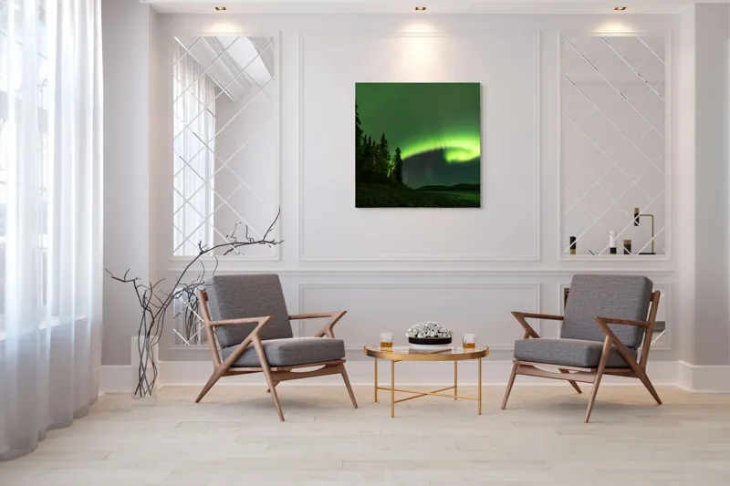 Tablou Canvas, "Aurora boreală deasupra pădurii misterioase", Luminiscență, Cer, Aurore, Noapte, Natură, Peisaj, Stele, Pădure, Lumină, Verde, 100 x 100 cm – poza 7