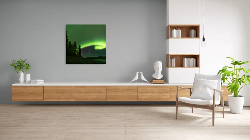 Tablou Canvas, "Aurora boreală deasupra pădurii misterioase", Luminiscență, Cer, Aurore, Noapte, Natură, Peisaj, Stele, Pădure, Lumină, Verde, 100 x 100 cm – poza 8