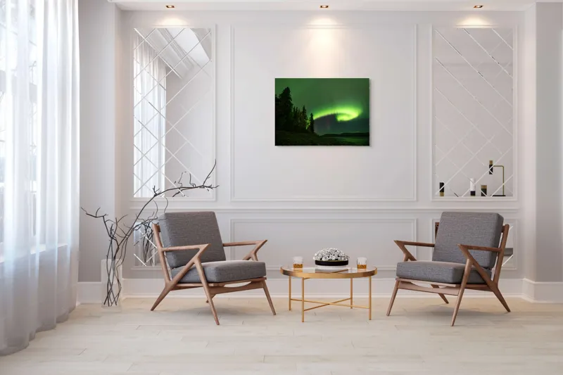 Tablou Canvas, "Aurora boreală deasupra pădurii misterioase", Luminiscență, Cer, Aurore, Noapte, Natură, Peisaj, Stele, Pădure, Lumină, Verde, 100 x 70 cm – poza 5