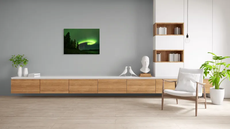 Tablou Canvas, "Aurora boreală deasupra pădurii misterioase", Luminiscență, Cer, Aurore, Noapte, Natură, Peisaj, Stele, Pădure, Lumină, Verde, 100 x 70 cm – poza 6