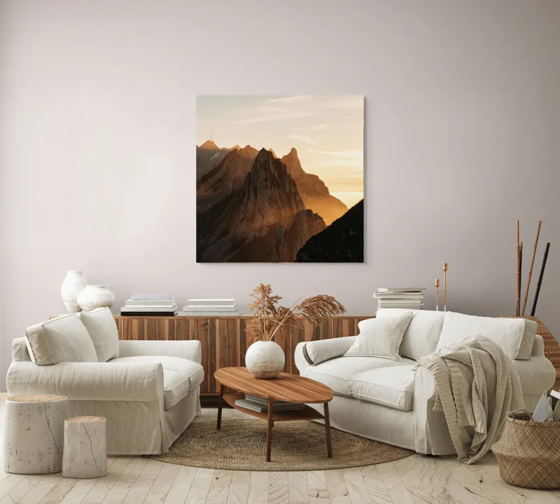Tablou Canvas Peisaj Munți Apus Lumină Siluetă Contur Orizont, 100 x 100 cm – poza 3