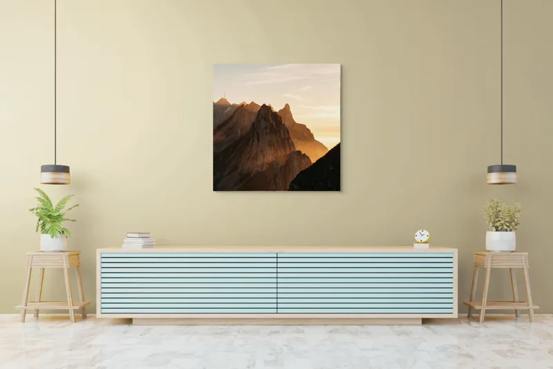 Tablou Canvas Peisaj Munți Apus Lumină Siluetă Contur Orizont, 100 x 100 cm – poza 5