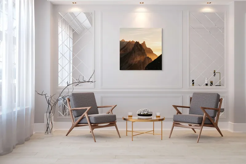 Tablou Canvas Peisaj Munți Apus Lumină Siluetă Contur Orizont, 100 x 100 cm – poza 7