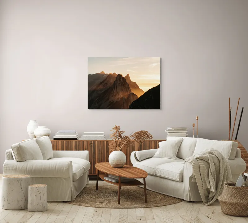 Tablou Canvas Peisaj Munți Apus Lumină Siluetă Contur Orizont, 100 x 70 cm – poza 3