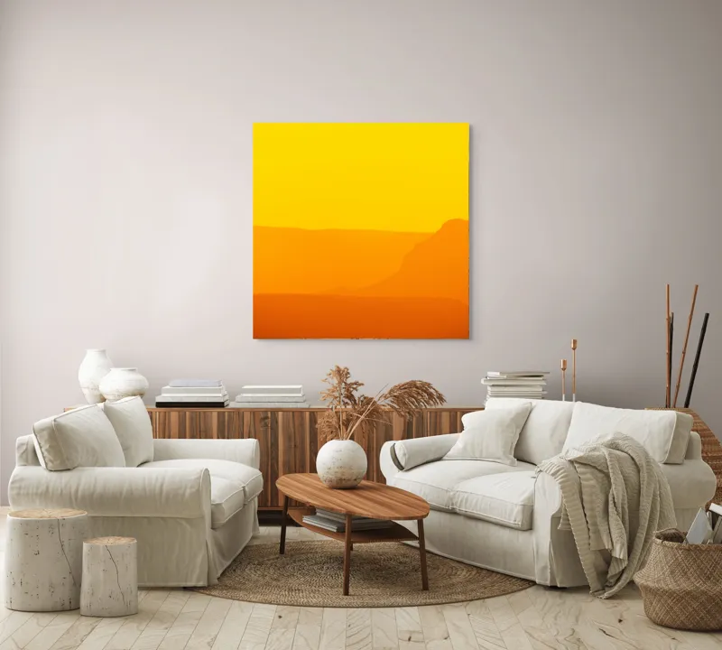 Tablou Canvas, "Strălucirea apusului în deșert", Apus, Căldură, Siluetă, Reflectie, Lumină, Orizont, Peisaj, Serenitate, 100 x 100 cm – poza 3