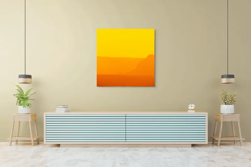 Tablou Canvas, "Strălucirea apusului în deșert", Apus, Căldură, Siluetă, Reflectie, Lumină, Orizont, Peisaj, Serenitate, 100 x 100 cm – poza 5