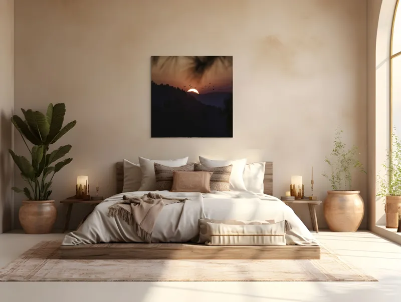 Tablou Canvas, "Apus de soare în munți liniștiți", Apus, Cer, Păsări, Siluetă, Peisaj, Culoare, Tranquilitate, 100 x 100 cm – poza 4