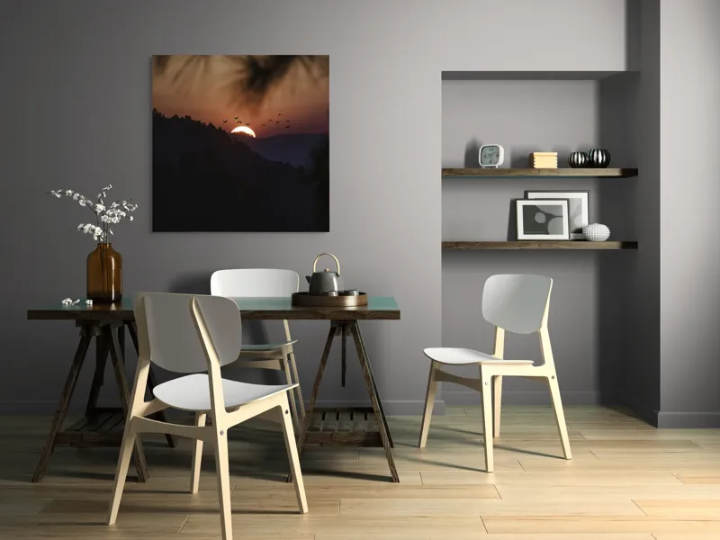 Tablou Canvas, "Apus de soare în munți liniștiți", Apus, Cer, Păsări, Siluetă, Peisaj, Culoare, Tranquilitate, 100 x 100 cm – poza 6