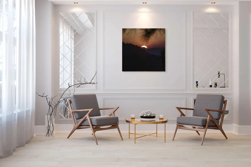 Tablou Canvas, "Apus de soare în munți liniștiți", Apus, Cer, Păsări, Siluetă, Peisaj, Culoare, Tranquilitate, 100 x 100 cm – poza 7