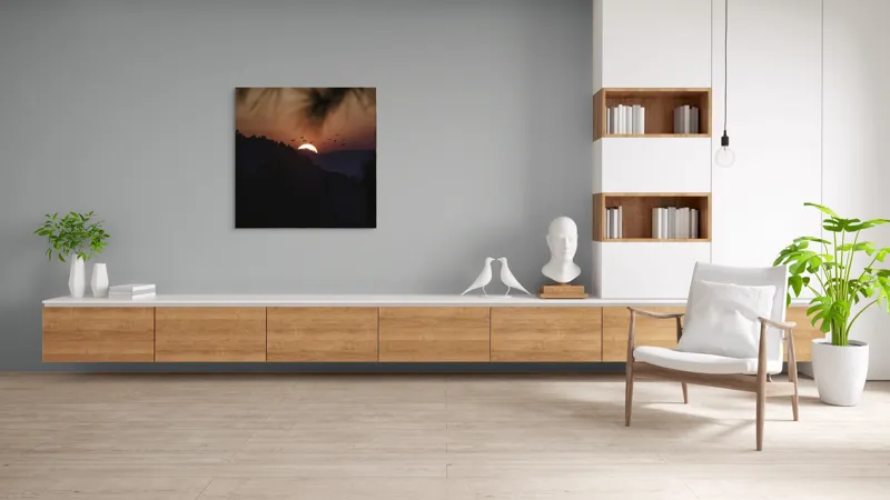 Tablou Canvas, "Apus de soare în munți liniștiți", Apus, Cer, Păsări, Siluetă, Peisaj, Culoare, Tranquilitate, 100 x 100 cm – poza 8
