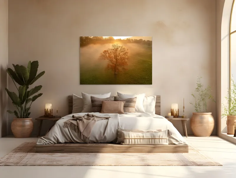 Tablou Canvas, "Mystica dimineață în roua aurie", Copac, Ceață, Răsărit, Calm, Natură, Toamnă, Peisaj, Lumină, Serenitate, Mistic, 150 x 100 cm – poza 4