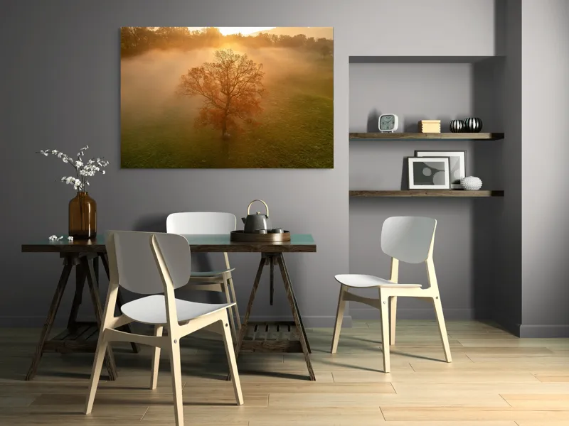 Tablou Canvas, "Mystica dimineață în roua aurie", Copac, Ceață, Răsărit, Calm, Natură, Toamnă, Peisaj, Lumină, Serenitate, Mistic, 150 x 100 cm – poza 5