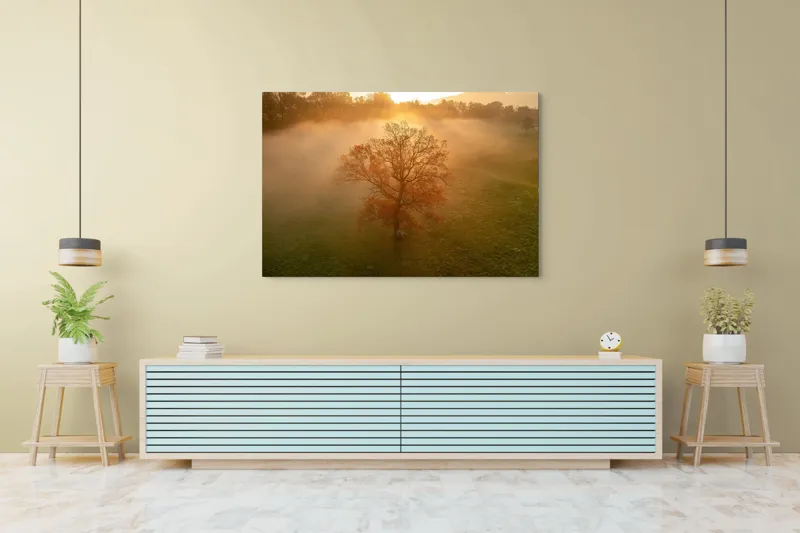 Tablou Canvas, "Mystica dimineață în roua aurie", Copac, Ceață, Răsărit, Calm, Natură, Toamnă, Peisaj, Lumină, Serenitate, Mistic, 150 x 100 cm – poza 6