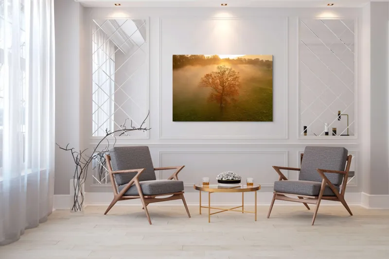 Tablou Canvas, "Mystica dimineață în roua aurie", Copac, Ceață, Răsărit, Calm, Natură, Toamnă, Peisaj, Lumină, Serenitate, Mistic, 150 x 100 cm – poza 7