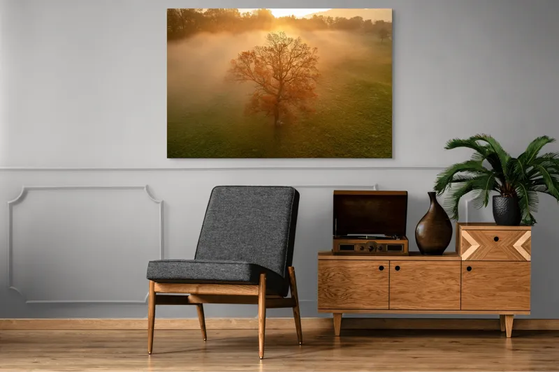 Tablou Canvas, "Mystica dimineață în roua aurie", Copac, Ceață, Răsărit, Calm, Natură, Toamnă, Peisaj, Lumină, Serenitate, Mistic, 150 x 100 cm – poza 8