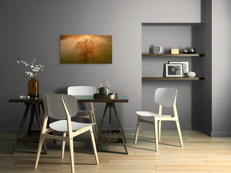 Tablou Canvas, "Mystica dimineață în roua aurie", Copac, Ceață, Răsărit, Calm, Natură, Toamnă, Peisaj, Lumină, Serenitate, Mistic, 90 x 50 cm – poza 3