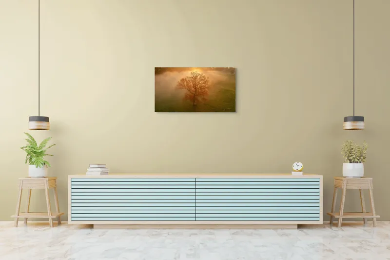 Tablou Canvas, "Mystica dimineață în roua aurie", Copac, Ceață, Răsărit, Calm, Natură, Toamnă, Peisaj, Lumină, Serenitate, Mistic, 90 x 50 cm – poza 5