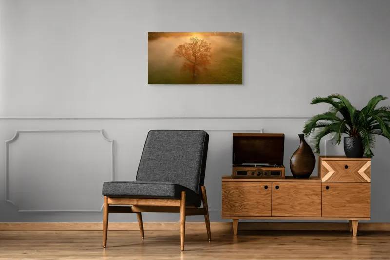 Tablou Canvas, "Mystica dimineață în roua aurie", Copac, Ceață, Răsărit, Calm, Natură, Toamnă, Peisaj, Lumină, Serenitate, Mistic, 90 x 50 cm – poza 6