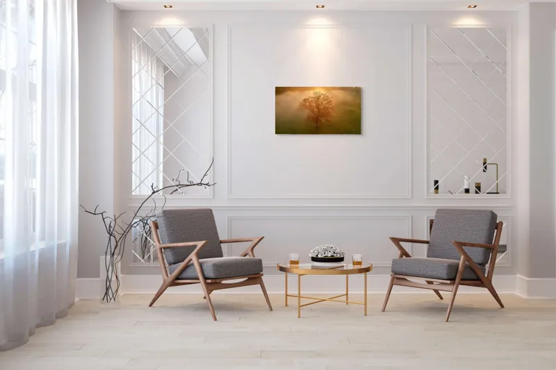 Tablou Canvas, "Mystica dimineață în roua aurie", Copac, Ceață, Răsărit, Calm, Natură, Toamnă, Peisaj, Lumină, Serenitate, Mistic, 90 x 50 cm – poza 7