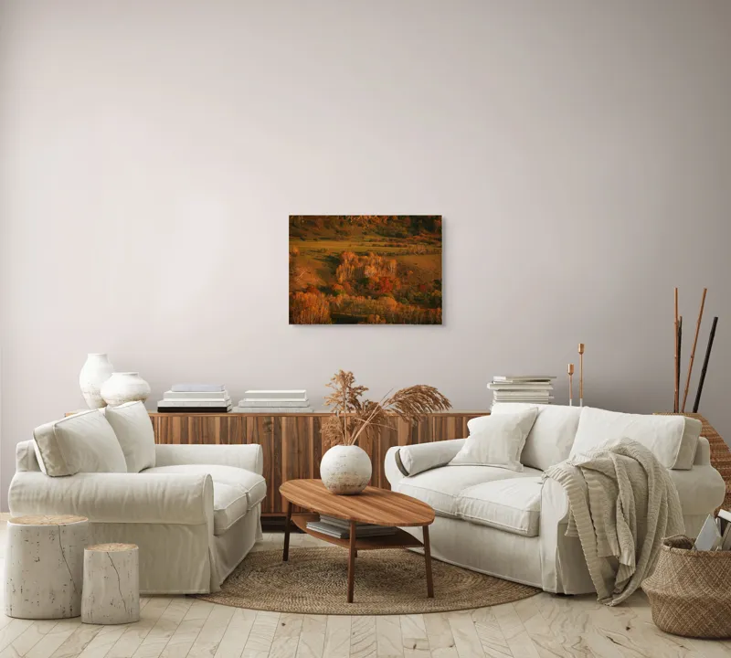 Tablou Canvas, "Pădurea înveșmântată în culori de toamnă", Toamnă, Peisaj, Pădure, Culori, Armonie, Natură, Frunze, Apus, Dealuri, Lumină, Umbre, Vegetație, Seară, Încântare, 70 x 50 cm – poza 6