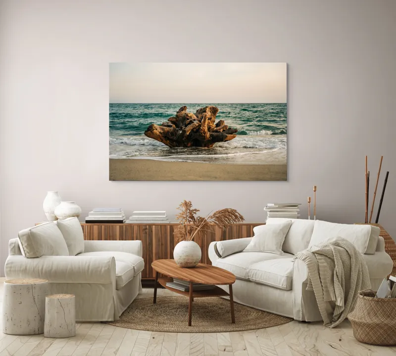 Tablou Canvas, "Bucată de lemn în valuri mării", Copac, Marea, Apus, Valuri, Nisip, Rădăcină, Cer, Natură, 150 x 100 cm – poza 3