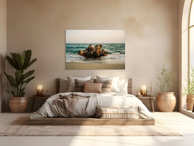Tablou Canvas, "Bucată de lemn în valuri mării", Copac, Marea, Apus, Valuri, Nisip, Rădăcină, Cer, Natură, 150 x 100 cm – poza 4