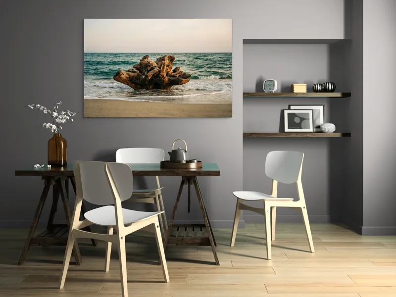 Tablou Canvas, "Bucată de lemn în valuri mării", Copac, Marea, Apus, Valuri, Nisip, Rădăcină, Cer, Natură, 150 x 100 cm – poza 5