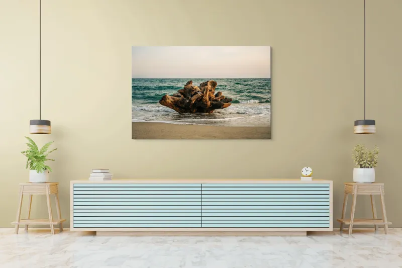 Tablou Canvas, "Bucată de lemn în valuri mării", Copac, Marea, Apus, Valuri, Nisip, Rădăcină, Cer, Natură, 150 x 100 cm – poza 6