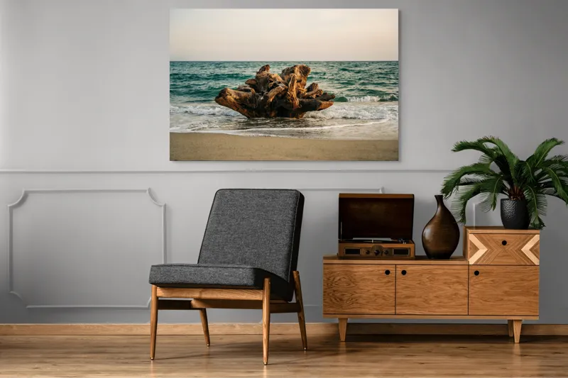 Tablou Canvas, "Bucată de lemn în valuri mării", Copac, Marea, Apus, Valuri, Nisip, Rădăcină, Cer, Natură, 150 x 100 cm – poza 8