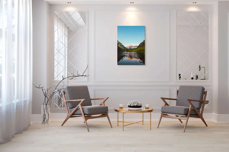 Tablou Canvas, "Reflecții la amurg în munți", Reflecție, Munți, Apus, Lac, Serenitate, Natură, Frumusețe, Tranquilitate, Peisaj, Răsfrângere, 70 x 100 cm – poza 8