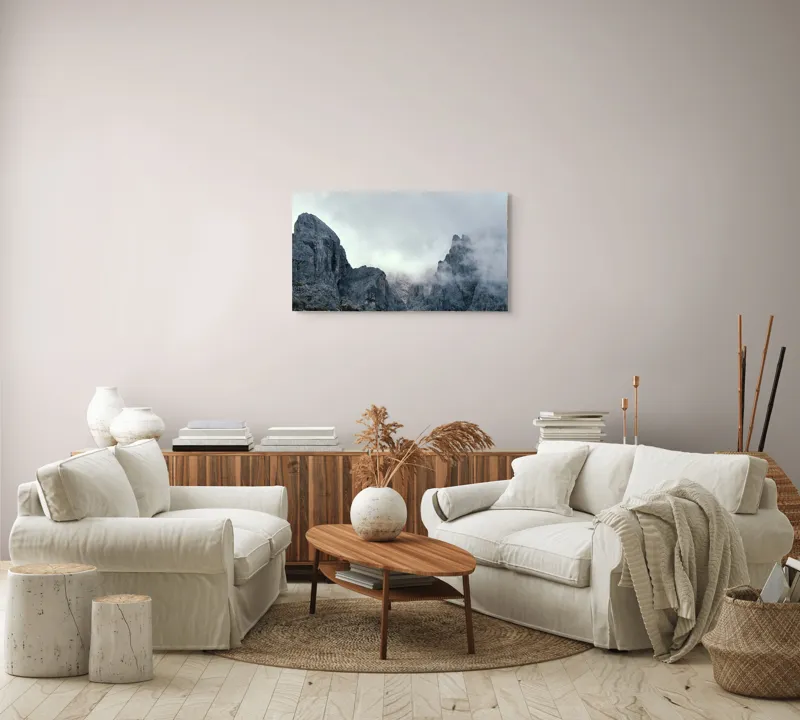 Tablou Canvas, "Misterele munților înzăpeziți groomiți de nori", Mister, Măreție, Piatra, Ceață, Răceală, Pătrundere, Singurătate, Înălțime, 90 x 50 cm – poza 4