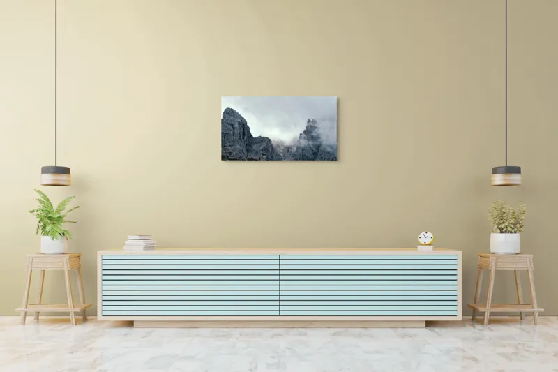 Tablou Canvas, "Misterele munților înzăpeziți groomiți de nori", Mister, Măreție, Piatra, Ceață, Răceală, Pătrundere, Singurătate, Înălțime, 90 x 50 cm – poza 5
