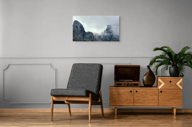 Tablou Canvas, "Misterele munților înzăpeziți groomiți de nori", Mister, Măreție, Piatra, Ceață, Răceală, Pătrundere, Singurătate, Înălțime, 90 x 50 cm – poza 6
