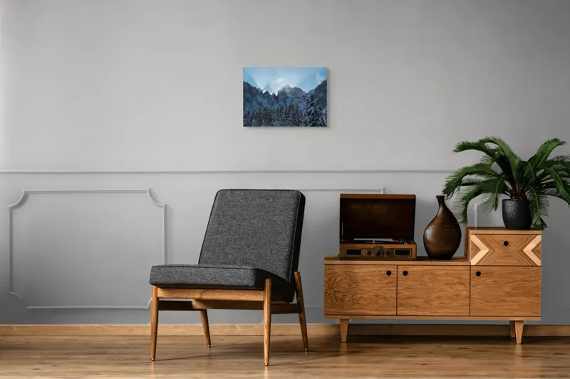 Tablou Canvas, "Răsăritul soarelui peste munți înzăpeziți", Majestate, Lumină, Zăpadă, Vârfuri, Pădure, Cer, Răsărit, Măreție, 54 x 39 cm – poza 7