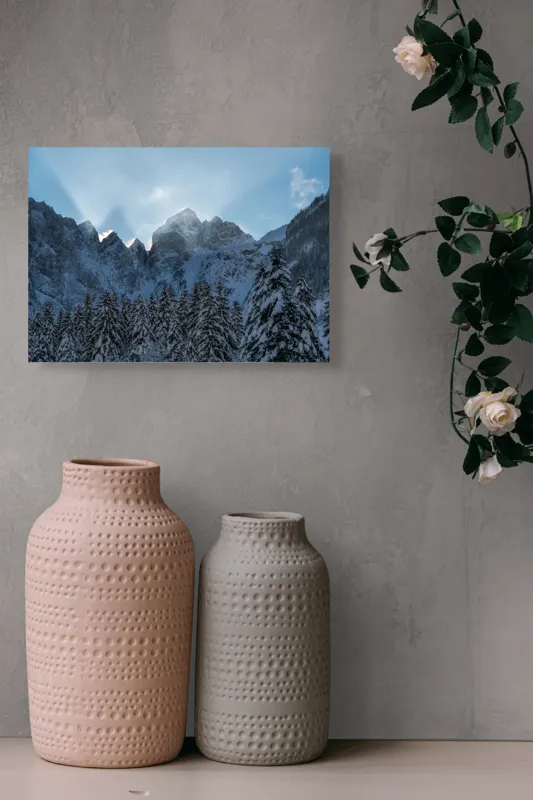 Tablou Canvas, "Răsăritul soarelui peste munți înzăpeziți", Majestate, Lumină, Zăpadă, Vârfuri, Pădure, Cer, Răsărit, Măreție, 54 x 39 cm – poza 8