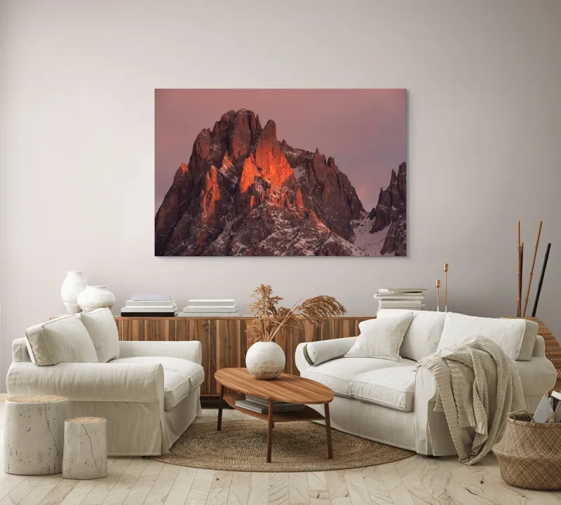 Tablou Canvas, "Strălucirea apusului pe vârfurile înzăpezite", Pico, Apus, Stâncă, Zăpadă, Strălucire, Cer, Munți, Asfințit, 150 x 100 cm – poza 3