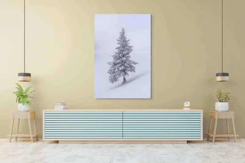 Tablou Canvas, "Singurătatea bradului în zăpadă albă", Alb, Înghețat, Solitar, Tăcut, Rece, Iernatic, Singuratic, Pur, Frig, Izolat, 100 x 150 cm – poza 4