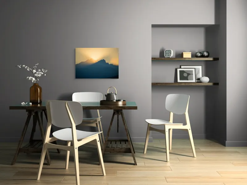Tablou Canvas, "Răsărit luminiș între vârfuri muntoase", Munte, Siluetă, Răsărit, Ceață, Lumină, Umbre, Cer, Vedere, Peisaj, 70 x 50 cm – poza 5