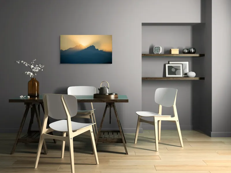 Tablou Canvas, "Răsărit luminiș între vârfuri muntoase", Munte, Siluetă, Răsărit, Ceață, Lumină, Umbre, Cer, Vedere, Peisaj, 90 x 50 cm – poza 3