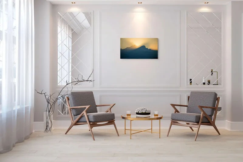Tablou Canvas, "Răsărit luminiș între vârfuri muntoase", Munte, Siluetă, Răsărit, Ceață, Lumină, Umbre, Cer, Vedere, Peisaj, 90 x 50 cm – poza 7