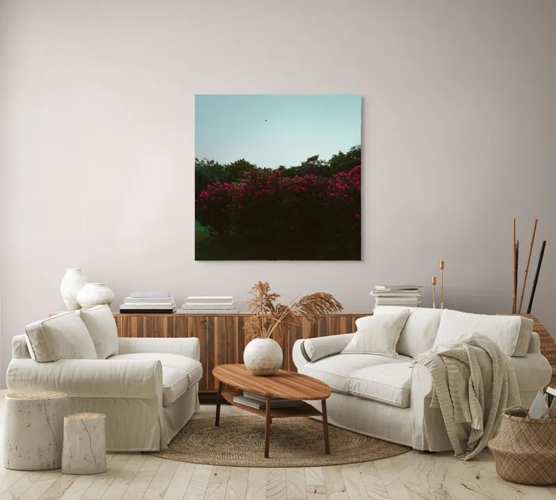 Tablou Canvas, "Cântec de seară printre flori roz", Flori, Cer, Păsări, Arbori, Amurg, Seninătate, Peisaj, Natură, 100 x 100 cm – poza 3