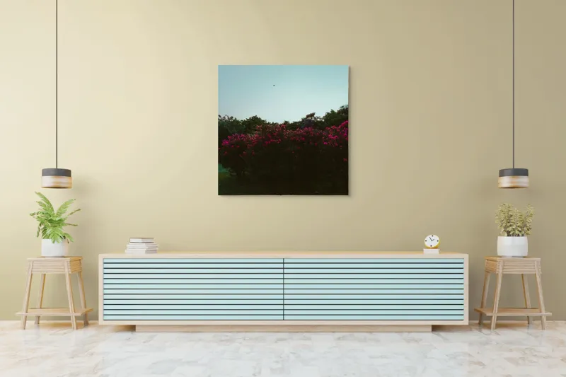Tablou Canvas, "Cântec de seară printre flori roz", Flori, Cer, Păsări, Arbori, Amurg, Seninătate, Peisaj, Natură, 100 x 100 cm – poza 5
