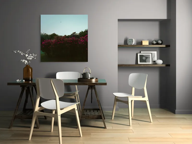 Tablou Canvas, "Cântec de seară printre flori roz", Flori, Cer, Păsări, Arbori, Amurg, Seninătate, Peisaj, Natură, 100 x 100 cm – poza 6