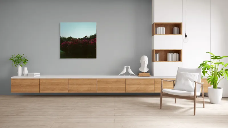Tablou Canvas, "Cântec de seară printre flori roz", Flori, Cer, Păsări, Arbori, Amurg, Seninătate, Peisaj, Natură, 100 x 100 cm – poza 8