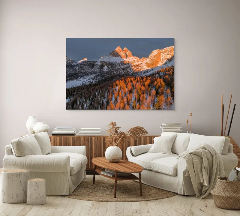 Tablou Canvas, "Munți strălucind în lumina apusului", Munți, Zăpadă, Pădure, Apus, Lumini, Umbre, Cer, Vârfuri, Natură, Pitoresc., 150 x 100 cm – poza 3