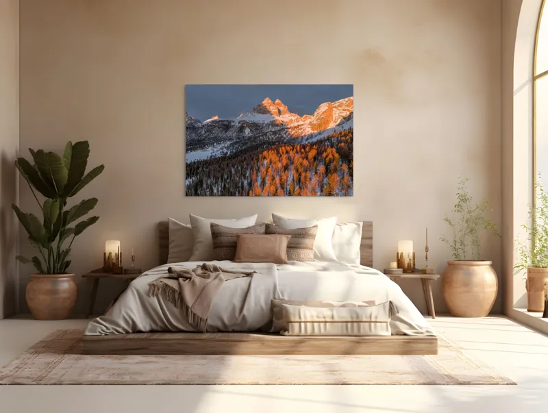 Tablou Canvas, "Munți strălucind în lumina apusului", Munți, Zăpadă, Pădure, Apus, Lumini, Umbre, Cer, Vârfuri, Natură, Pitoresc., 150 x 100 cm – poza 4